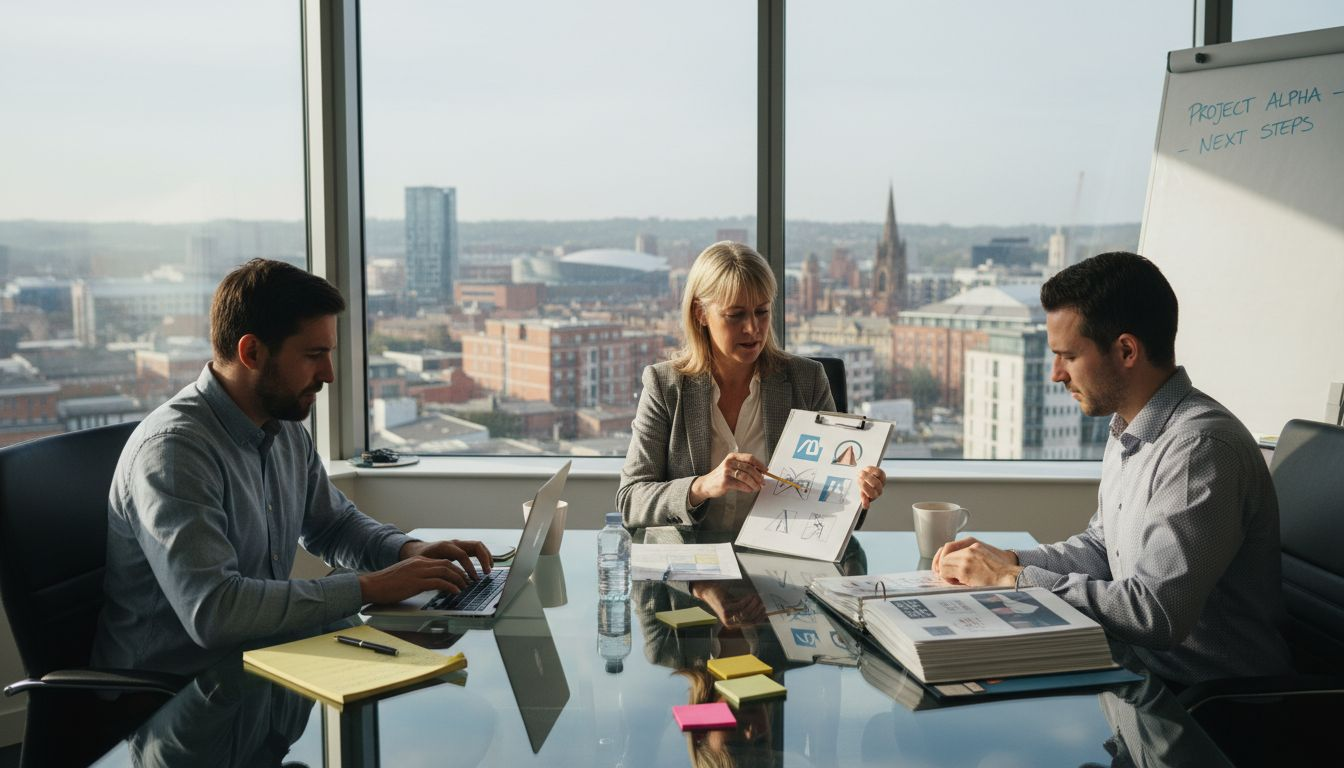 Leeds team discussing sub-branding logos